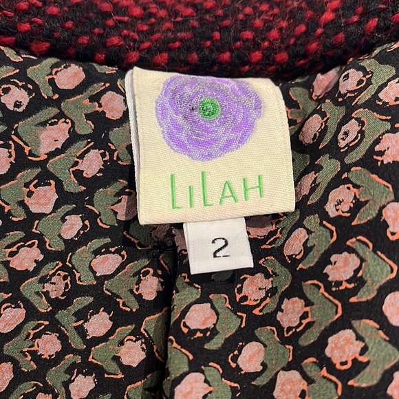 Lilah Rose Red & Black Wool Weaved Coat with Attached Scarf  & Silk Lining. - Picture 15 of 17